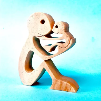 one father one child wood sculpture Handmade