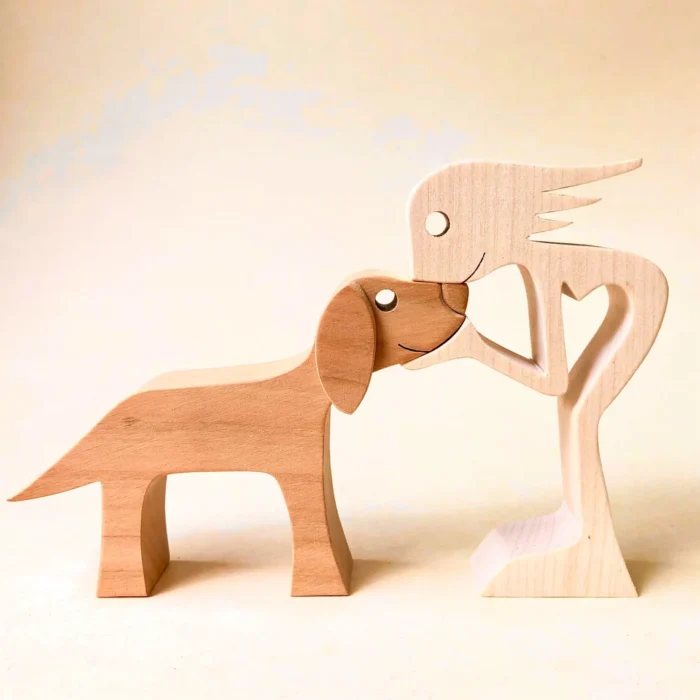 a woman a dog version 4 wood sculpture