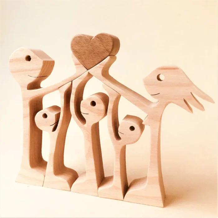 sculpture family a couple three children a heart wood Handmade