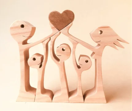 sculpture family a couple three children a heart wood Handmade