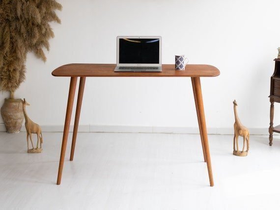 Rounded Walnut Office Desk, Minimalist Standing Desk, Mid Century Modern Furniture