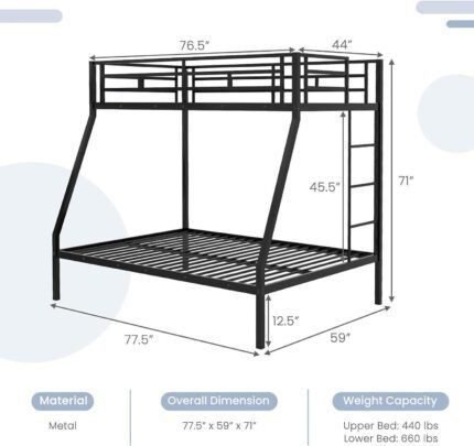 Bunk Bed Twin Over Full Size, Metal Bunk Bed with Ladder and Steel Frame Support, Space-Saving Triple Bunk Bed