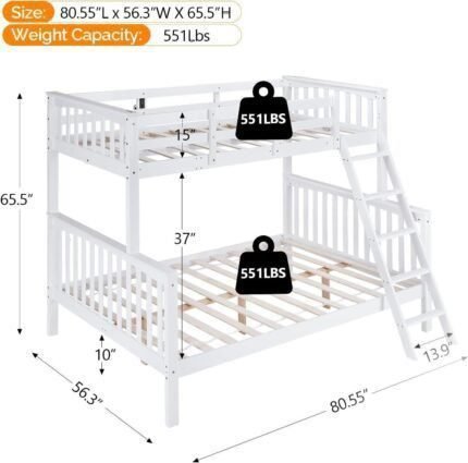 Bunk Bed Twin Over Full Size with LED Light/USB Port/15’’ Extra Tall Safety Guardrails, Convertible into a Twin Loft Bed