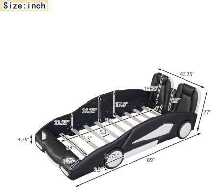 Twin Size Boys Car Bed,Race Car-Shaped Platform Wooden Bedframe with Wheels & Both Sides,Slat Support