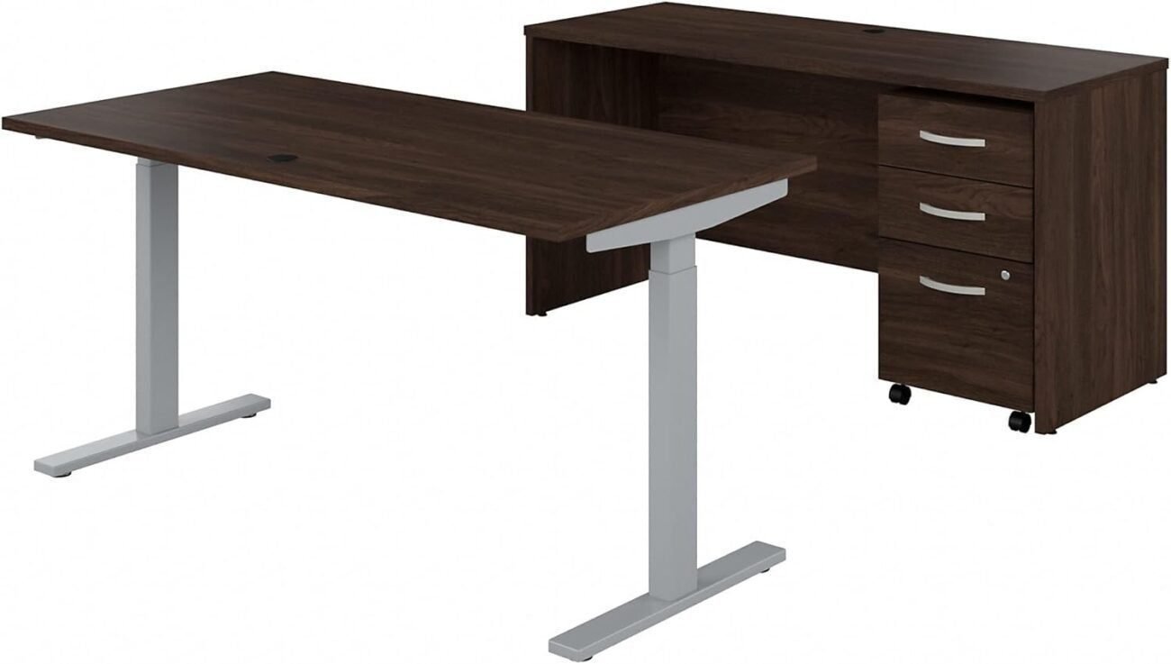 Height Adjustable Standing Desk, Credenza and Mobile File Cabinet, 60W x 30D, Black Walnut  Office Products