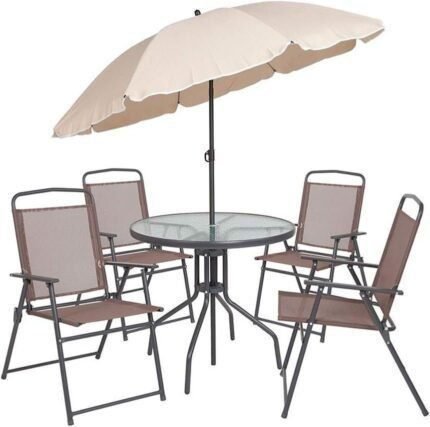 6-Piece Patio Dining Set with Glass Table, 4 Folding Chairs, and Umbrella, Outdoor Patio Table, Chairs