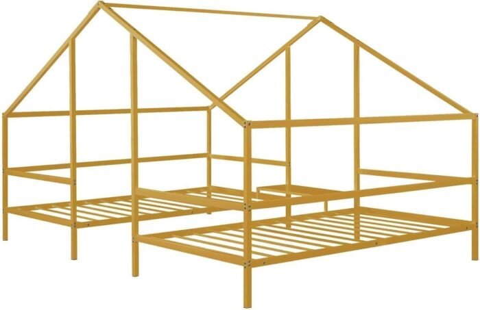 Double Twin Size Beds with Built-in Table, Sturdy Metal Triangular Shared Platform Bedframe