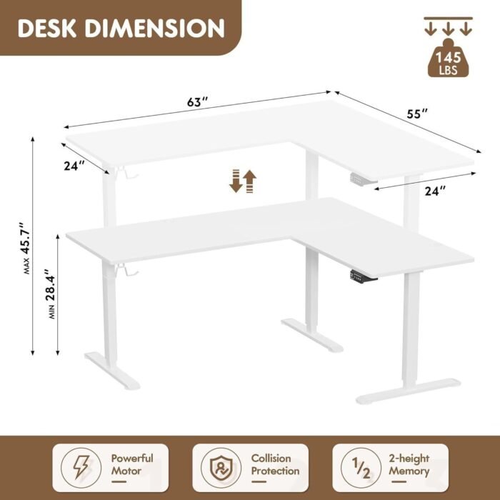 Furmax L Shaped Standing Desk Adjustable 63 x 55 Inch Corner Stand up Desk Electric Standing