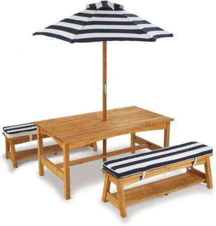 Wooden Table & Bench Set with Cushions and Umbrella, Kids Backyard Furniture, Navy and White Stripe Fabric