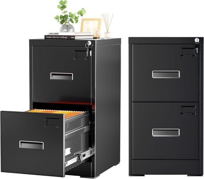 2 Drawer Filing Cabinet, Metal Black File Cabinet with Lock, Locking Narrow Storage Cabinet with Adjustable Hanging Frame for Office