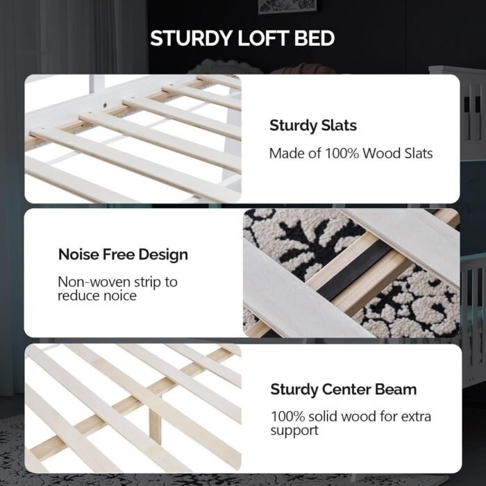 Bunk Bed Twin Over Full Size with LED Light/USB Port/15’’ Extra Tall Safety Guardrails, Convertible into a Twin Loft Bed