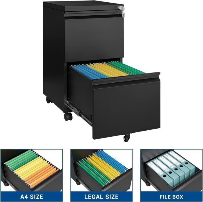 2 Drawer Vertical File Cabinet - Mobile Filling Cabinet with Lock for Legal/Letter Files - Office Storage File Cabinet with Wheels