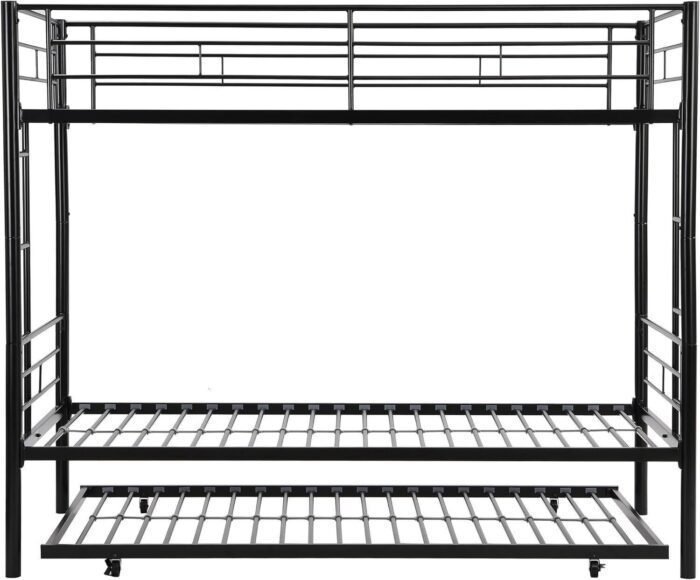 Twin Over Twin Bunk Bed with Trundle, Two Side Ladders & Guard Rails, No Box Spring Needed