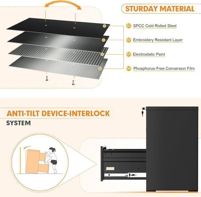 2 Drawer Filing Cabinet, Metal Black File Cabinet with Lock, Locking Narrow Storage Cabinet with Adjustable Hanging Frame for Office