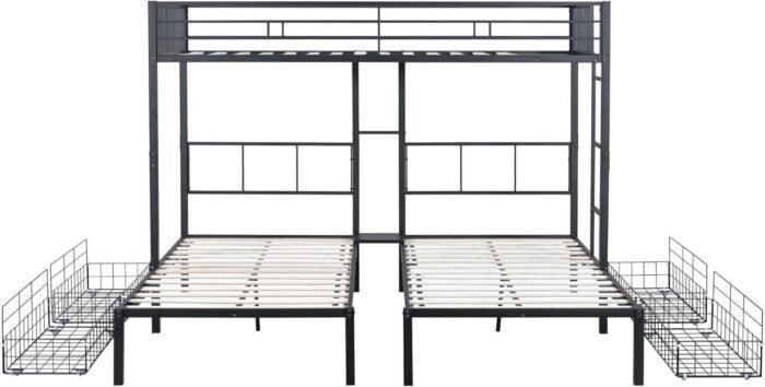 Twin Over Twin Triple Bunk Bed with Storage Shelves 4 Drawers