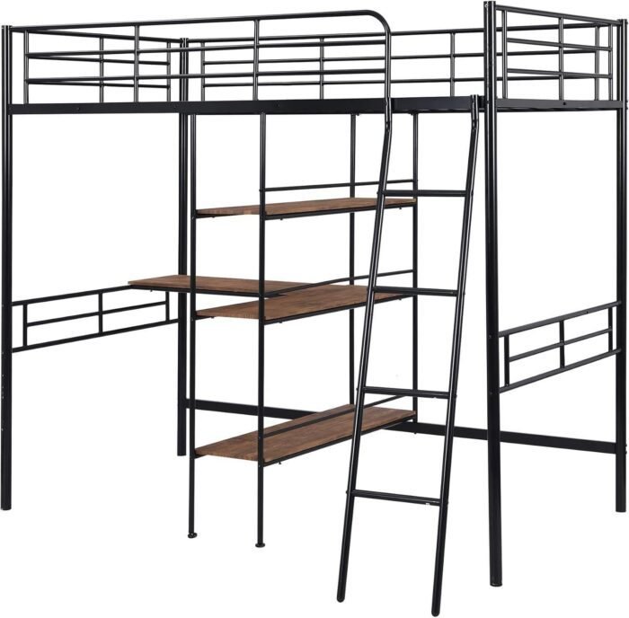 Metal Twin Loft Bed with Desk and Storage, Heavy Duty Loft Bed Twin Size Loft Bed with L-Shaped Desk and Guardrails