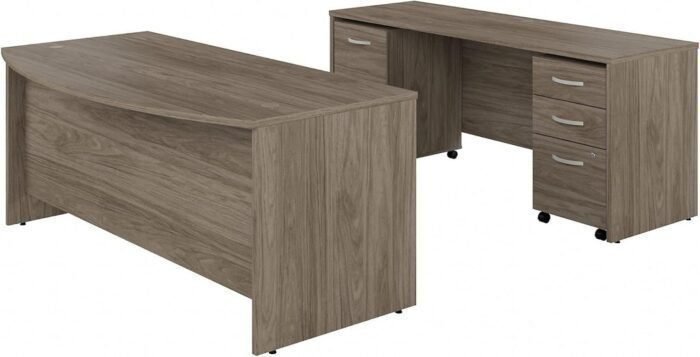 Front Desk and Credenza with Mobile File Cabinets, 72W x 36D, Modern Hickory