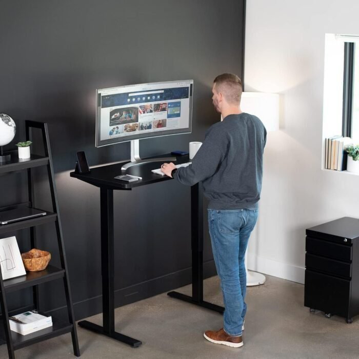 Electric Height Adjustable 43 x 24 inch Memory Stand Up Desk, Black Solid One-Piece Table Top, Black Frame