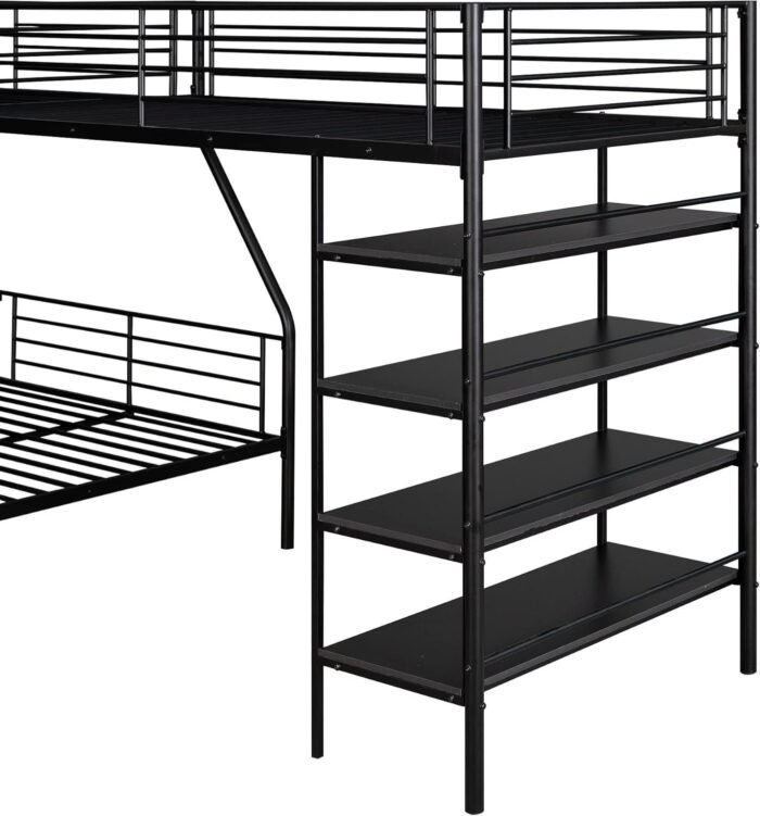 L-Shaped Metal Bunk Beds for 3, Twin Over Full Bunkbed Attach with Twin Size Loftbed with Four Built-in Shelves, for Kids Teens Bedroom