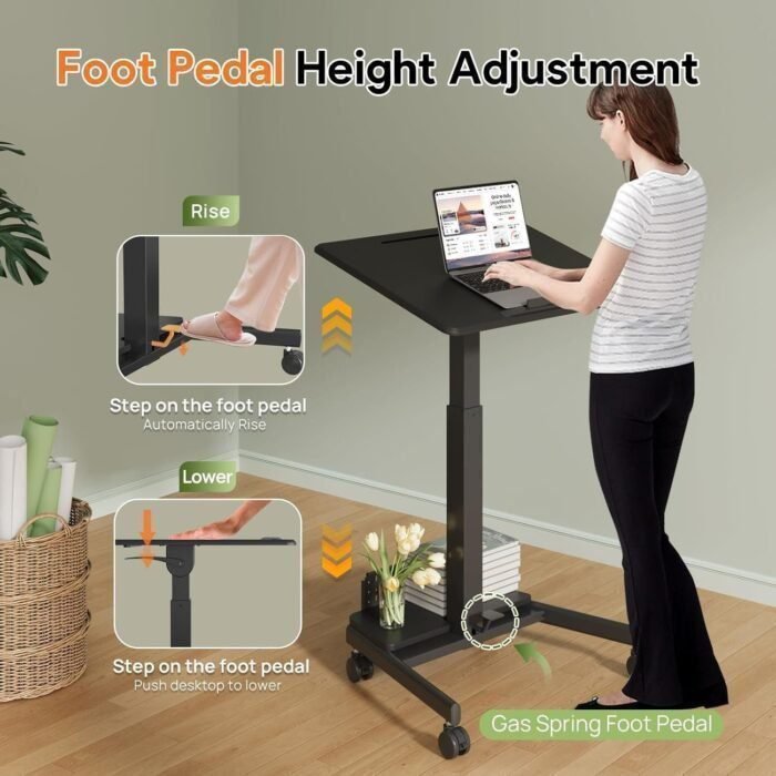 Mobile Standing Desk with 90° tilting Desktop, Foot Pedal Pneumatic Height Adjustable Rolling Desk