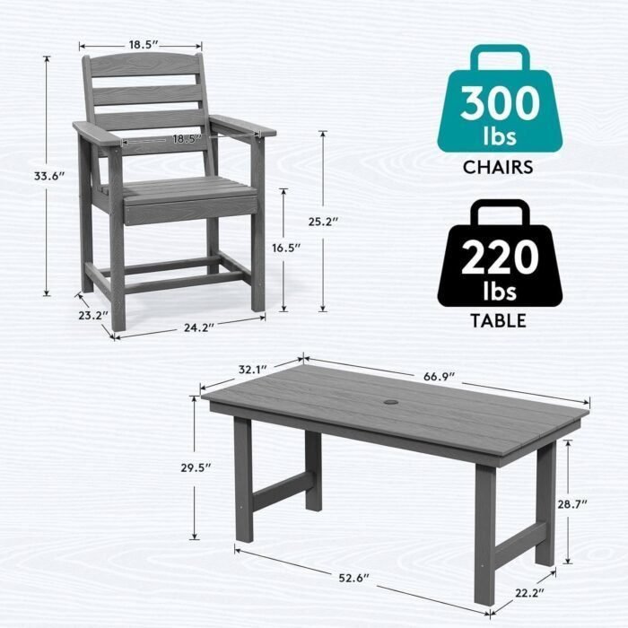 Dining Table Set, 7-Piece Outdoor Dining Table Sets with Umbrella Hole Cut-out Table and 6 Chairs, Gray  Patio