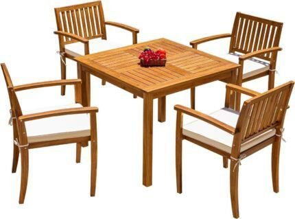 5 Piece Outdoor Dining Set Acacia Wood Patio Table and Chairs with Soft Cushions Patio Furniture for Deck