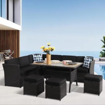 7 Pieces Patio Dining Sets, All Weather Outdoor Wicker Conversation Loveseat Set with Dining Table