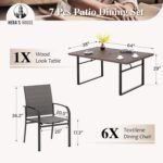 Dining Set, Patio Table and Chairs for 6, 64" Rectangular Faux Woodgrain Metal Table with Chairs