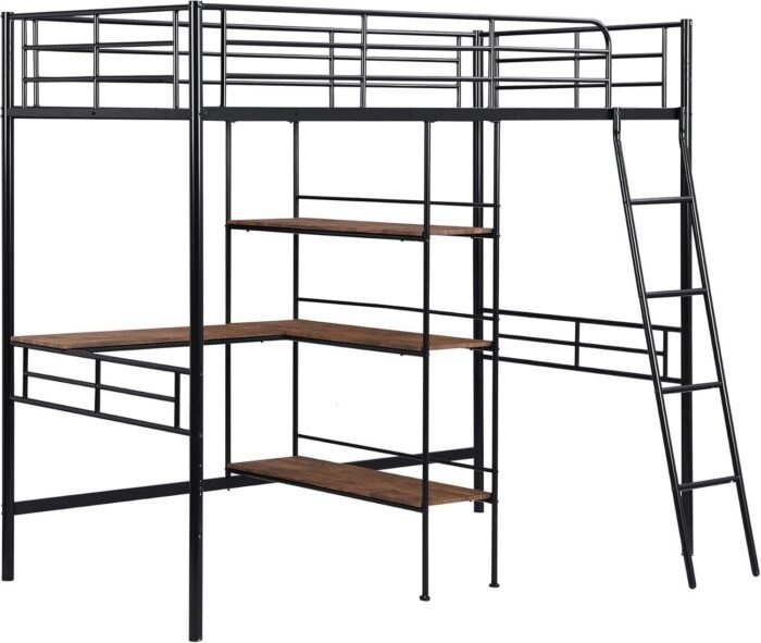 Metal Twin Loft Bed with Desk and Storage, Heavy Duty Loft Bed Twin Size Loft Bed with L-Shaped Desk and Guardrails