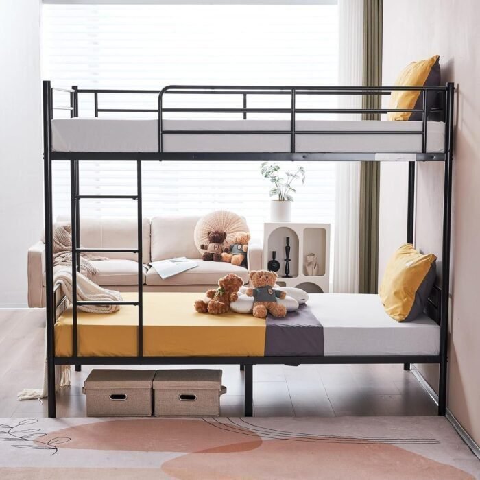 Bunk Bed Twin Over Twin, Metal Bunk Bed with Built-in Ladder and Safety Guardrail, Space-Saving Twin Bunk Beds for Kids