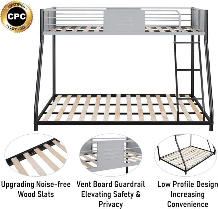 Metal Twin Over Full Bunk Bed, Heavy-Duty Sturdy Metal Frame with Safety Low Bunk Beds for Kids, Teens