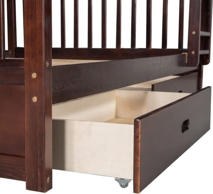 Bunk Bed with Two Storage Drawers and Full-Length Guard Rail, Solid Wood BunkBed frame Convertible into 2 Platform Beds