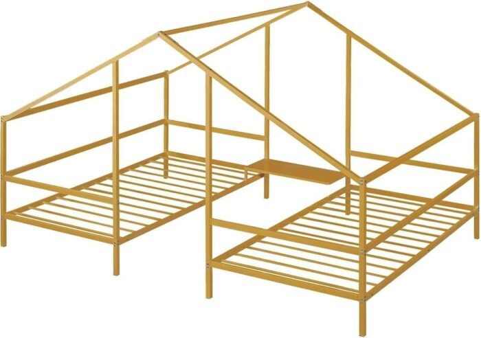 Double Twin Size Beds with Built-in Table, Sturdy Metal Triangular Shared Platform Bedframe