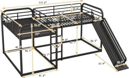 Full and Twin Size L-Shaped Bunk Bed with Slide and Short Ladder, Metal Bunk Bed Frame for 4, for Kids