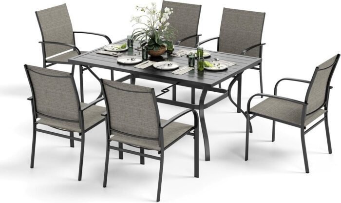 Dining Set 7 Piece Outdoor Furniture Set with 6 Brown Textilene Chairs and Metal Rectangular Table for Deck Garden Backyard Lawn Poolside  Patio