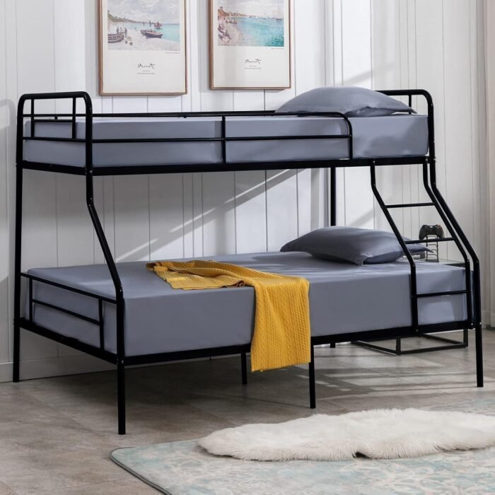 Twin Over Full Bunk Bed Frame, Bunk Beds Twin Over Full with Guardrail & Ladder for Boys, Girls