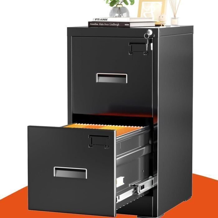 2 Drawer Filing Cabinet, Metal Black File Cabinet with Lock, Locking Narrow Storage Cabinet with Adjustable Hanging Frame for Office