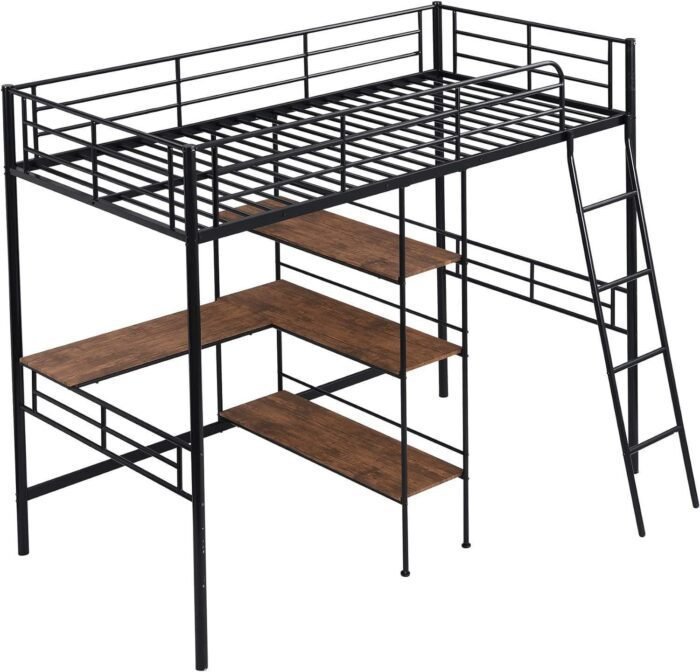 Metal Twin Loft Bed with Desk and Storage, Heavy Duty Loft Bed Twin Size Loft Bed with L-Shaped Desk and Guardrails