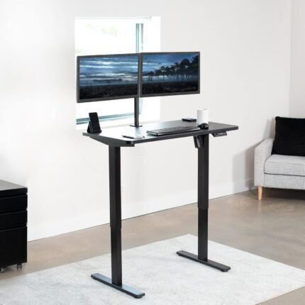 Electric Height Adjustable 43 x 24 inch Memory Stand Up Desk, Black Solid One-Piece Table Top, Black Frame