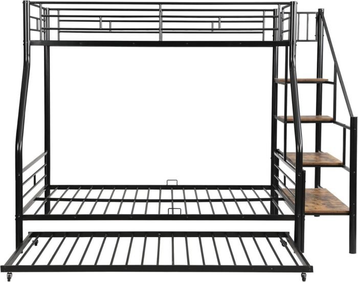 Twin Over Full Metal Bunk Beds with Trundle,Heavy-Duty Metal Bunk Bed Frame with Storage Staircase for Kids, Black