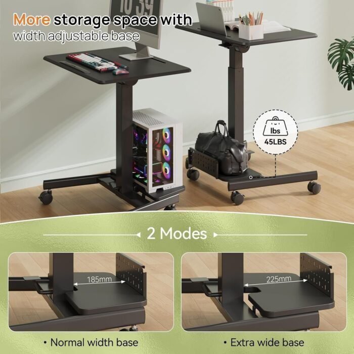 Mobile Standing Desk with 90° tilting Desktop, Foot Pedal Pneumatic Height Adjustable Rolling Desk