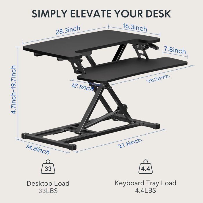 28'' Black Height Adjustable Standing Desk Converter Sit-to-Stand Desk Riser with Wide Keyboard Tray Workstation for Home and Office