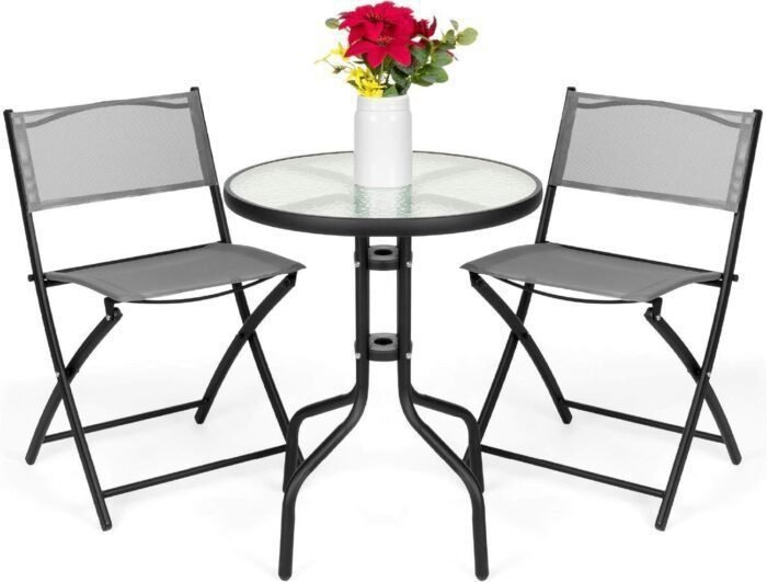 3-Piece Patio Bistro Dining Furniture Set w/Textured Glass Tabletop, 2 Folding Chairs, Steel Frame, Polyester Fabric