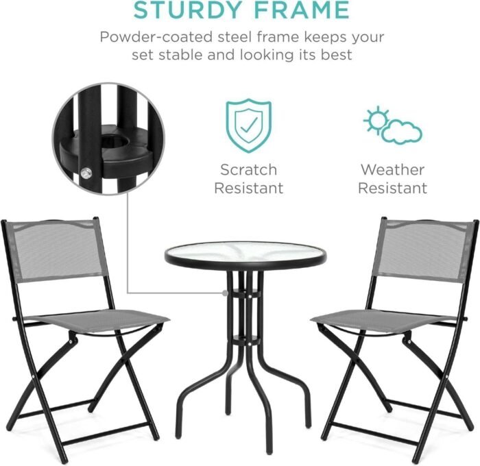 3-Piece Patio Bistro Dining Furniture Set w/Textured Glass Tabletop, 2 Folding Chairs, Steel Frame, Polyester Fabric