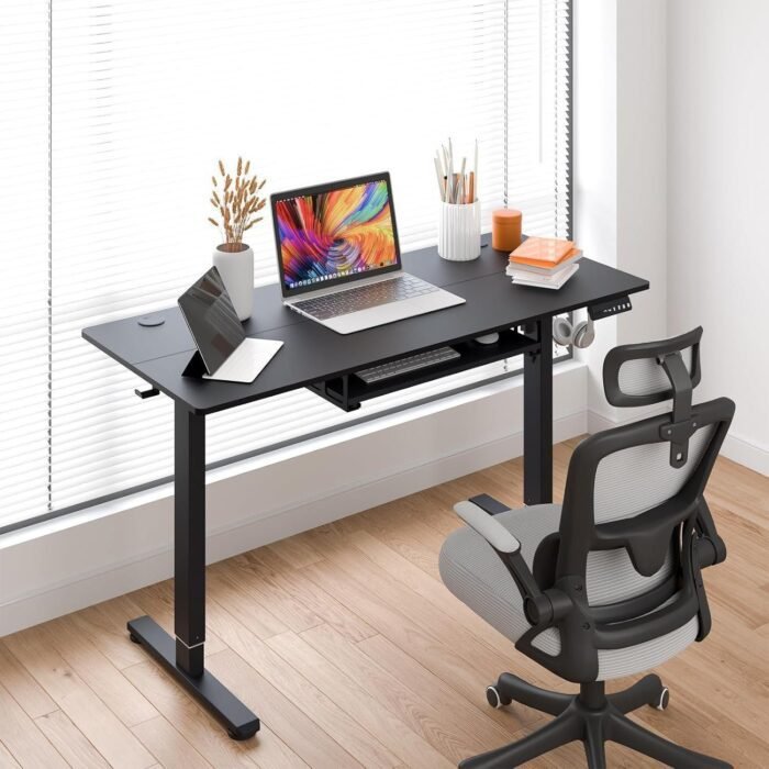 CROWNFURN Electric Standing Desk Adjustable Height, 48x24 Inches Stand Up Desk with Keyboard Tray