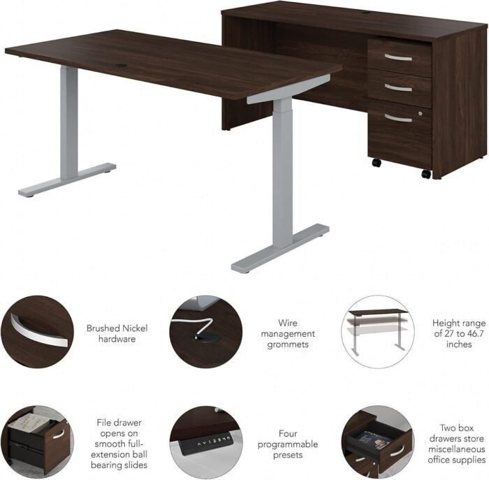 Height Adjustable Standing Desk, Credenza and Mobile File Cabinet, 60W x 30D, Black Walnut  Office Products