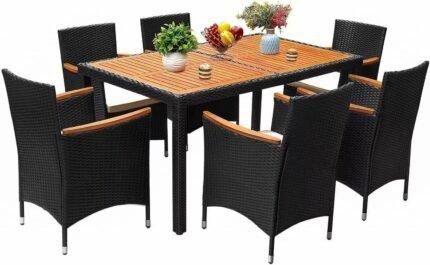 7 Piece Patio Dining Set Outdoor Acacia Wood Table and Chairs with Soft Cushions Wicker Patio Furniture for Deck