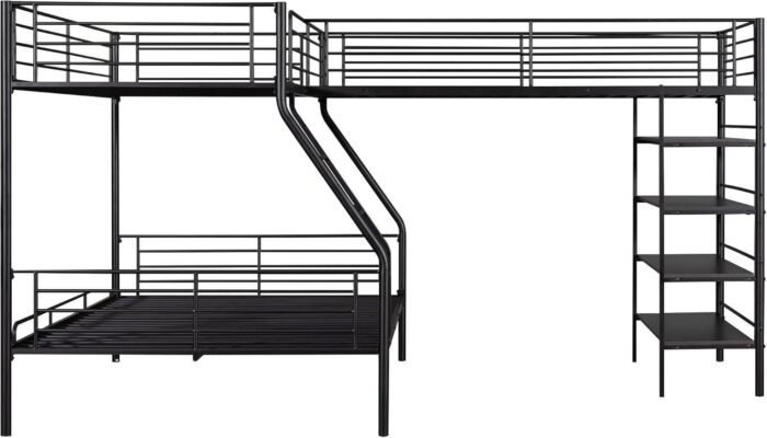 L-Shaped Metal Bunk Beds for 3, Twin Over Full Bunkbed Attach with Twin Size Loftbed with Four Built-in Shelves, for Kids Teens Bedroom