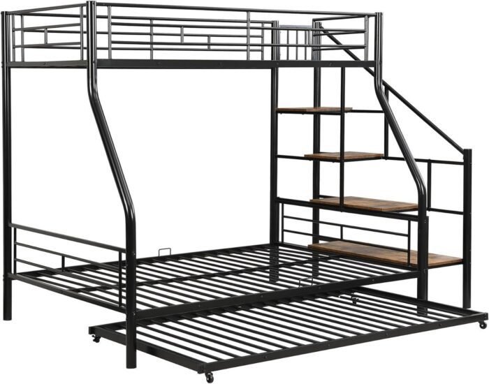 Twin Over Full Metal Bunk Beds with Trundle,Heavy-Duty Metal Bunk Bed Frame with Storage Staircase for Kids, Black