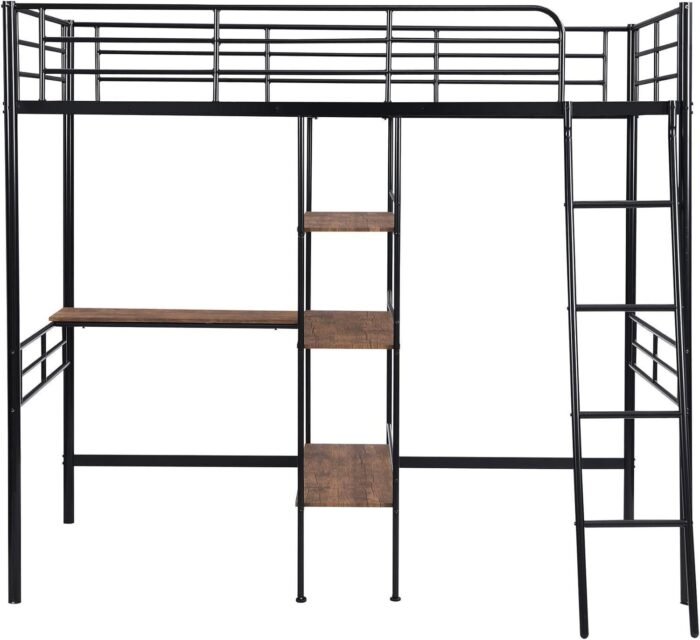 Metal Twin Loft Bed with Desk and Storage, Heavy Duty Loft Bed Twin Size Loft Bed with L-Shaped Desk and Guardrails